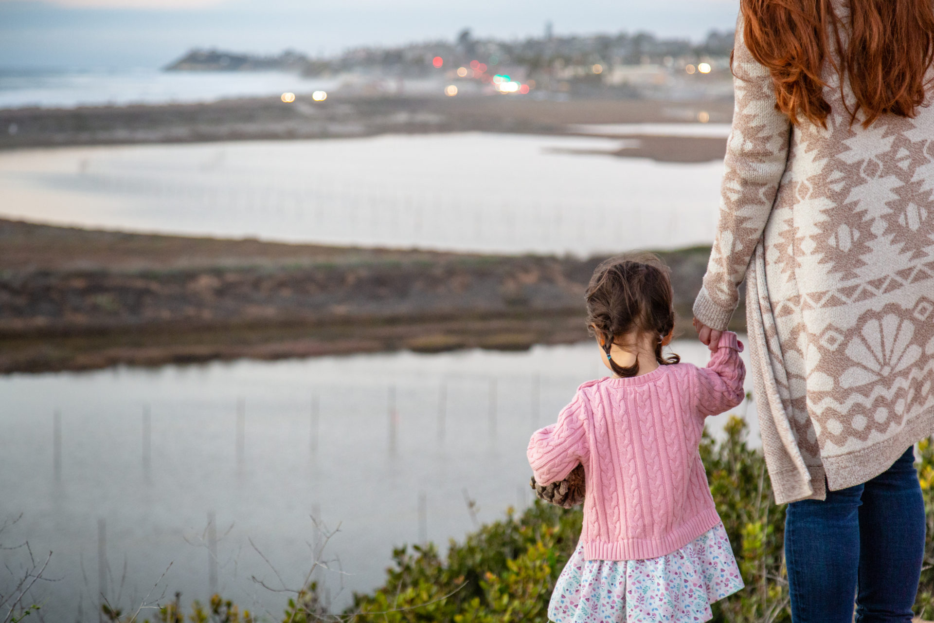 adult and child holding hands, looking out at the pacific ocean from Harbaugh Seaside Trails
