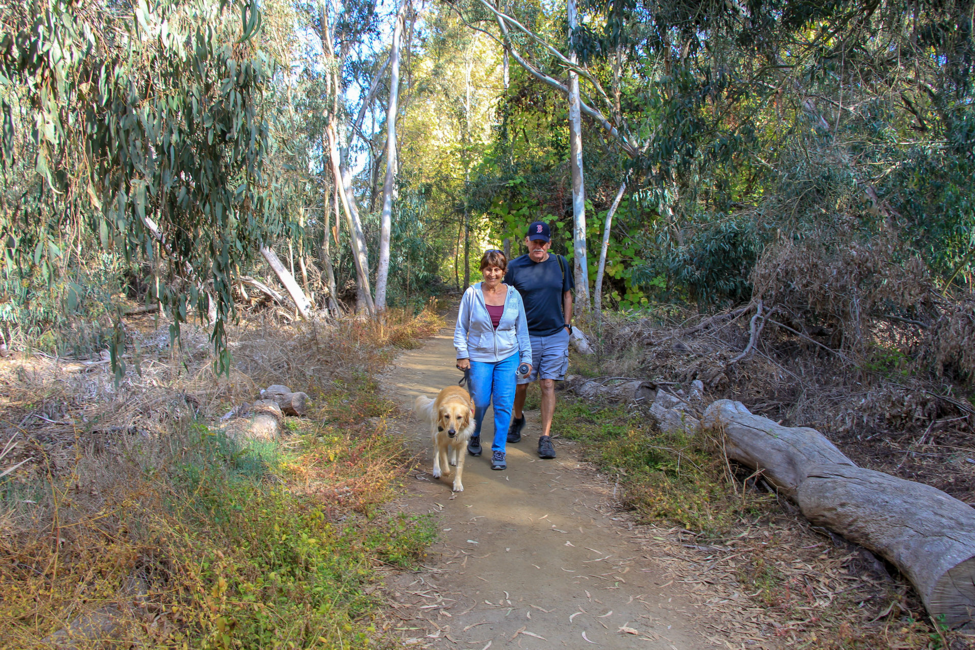 Two people walking along trail with dog